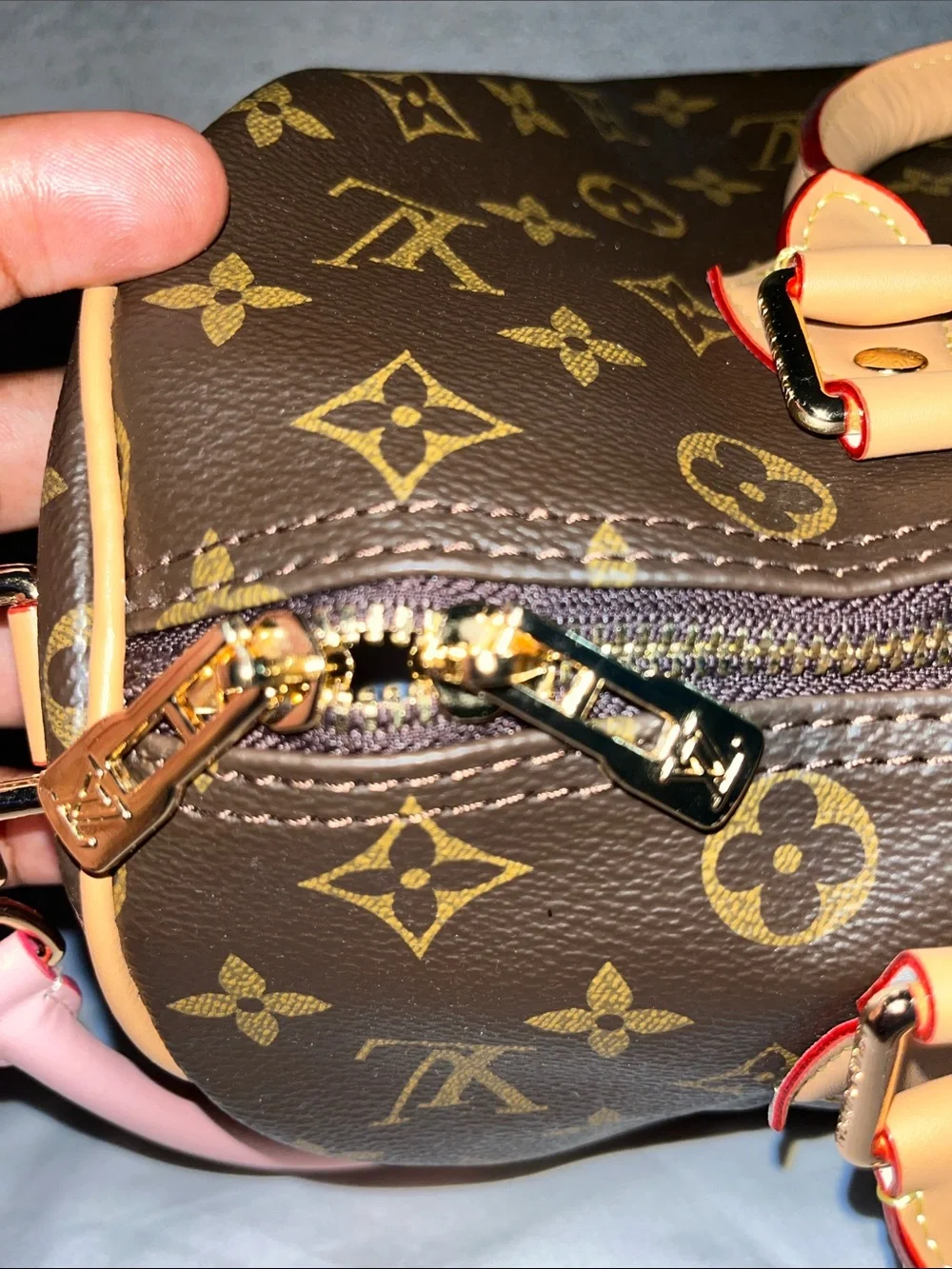 Source Unknown Brown Monogram Satchel with Pink Trim and Tag